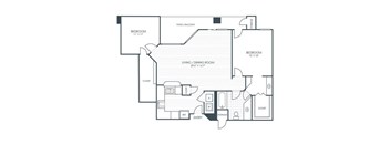 A floor plan of a house with two bedrooms, a living room, a kitchen, a bathroom, a closet, a pantry, a laundry room, and a garage.