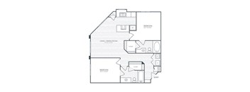 A floor plan of a house with two bedrooms, a living room, a dining room, a kitchen, and an entry.