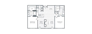 A floor plan of a house with a study, two bedrooms, a living room, a dining room, and two closets.