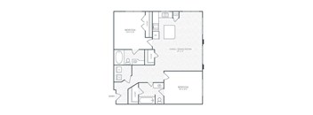A floor plan of a small apartment with a living room, dining room, and two bedrooms.