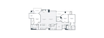 A floor plan of a house with a garage, living room, dining room, kitchen, and two bedrooms.