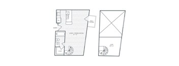 A floor plan of a small apartment with a living room, dining room, and a loft.
