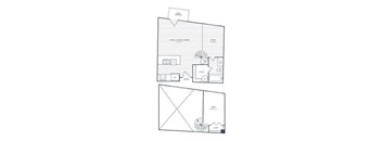 A floor plan of a two-story building with a living room, dining room, kitchen, and bathrooms.