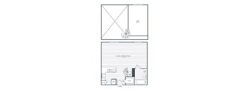 A floor plan of a small apartment with a living room and a kitchen.