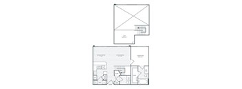 A floor plan of a house with two bedrooms and a garage.