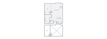 A floor plan of a room with a kitchen, living room, and bathroom.