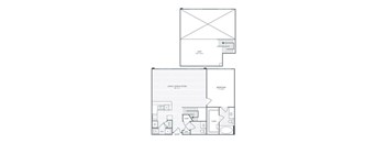 A floor plan of a house with a living room, dining room, kitchen, and two bedrooms.