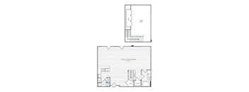 A floor plan of a house with a living room, kitchen, and bathroom.