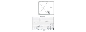 A floor plan of a room with a kitchen, living room, and dining room.