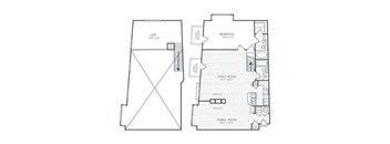 A floor plan of a house with a living room, dining room, bedroom, and loft.