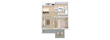 A floor plan of a house with a kitchen, living room, and bathroom.