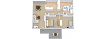 A floor plan of a house with a living room, kitchen, and two bedrooms.