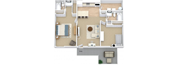 A floor plan of a house with a living room, kitchen, and two bedrooms.