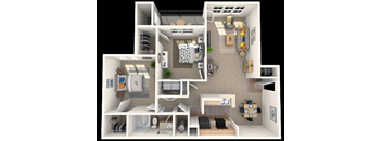 A 3D floor plan of a house with a kitchen, living room, and bedrooms.