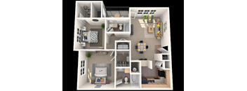A 3D floor plan of a small apartment with a kitchen, living room, and bedroom.