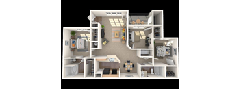A 3D floor plan of a small apartment with a kitchen, living room, and bedroom.