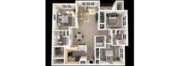 A 3D floor plan of a house showing a kitchen, living room, dining room, and bedrooms.
