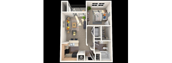 A 3D floor plan of a small apartment with a kitchen, living room, and bathroom.