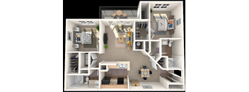 A 3D floor plan of a small apartment with a kitchen, living room, and bedroom.