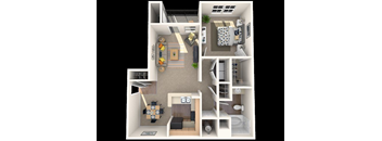A 3D floor plan of a small apartment with a kitchen, living room, and bathroom.
