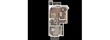 A 3D floor plan of a house with a kitchen, living room, dining room, and two bedrooms.