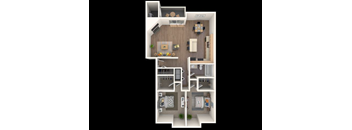 A 3D floor plan of a small apartment with a kitchen, living room, and bathroom.
