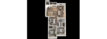 A 3D floor plan of a small apartment with a kitchen, living room, and bedrooms.