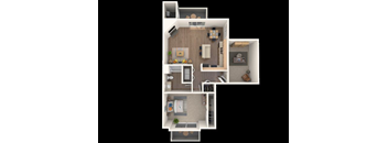 A 3D floor plan of a house with a kitchen, living room, and two bedrooms.