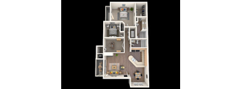 A 3D floor plan of a small apartment with a kitchen, living room, and bathroom.