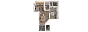 A top down view of a small apartment with a kitchen, living room, and bathroom.