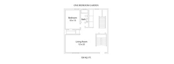 A floor plan of a one bedroom garden apartment.
