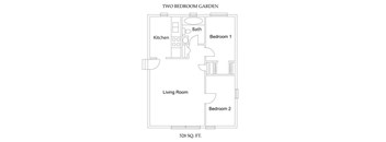 A drawing of a two bedroom garden apartment.