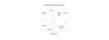 A floor plan of a three bedroom townhouse with a total area of 900 square feet.