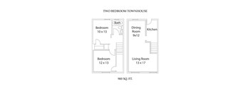 A floor plan of a two bedroom townhouse with a living room, dining room, kitchen, and two bedrooms.