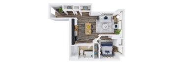 A top-down view of a small apartment with a kitchen, living room, and bathroom.