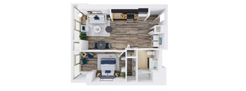 A modern, minimalist interior design of a small apartment with a kitchen, living room, and bedroom.