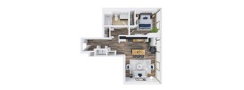 A top-down view of a small apartment with a kitchen, living room, and bathroom.