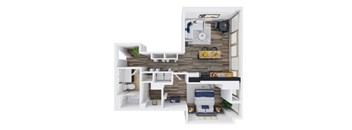 A top-down view of a small, modern apartment with a kitchen, living room, and bedroom.