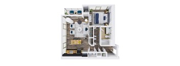 A modern apartment layout with a kitchen, living room, and bedroom.