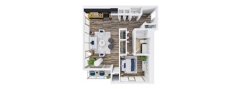 A top-down view of a modern apartment with a kitchen, living room, and bathroom.