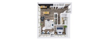 A top-down view of a small apartment with a kitchen, living room, and bathroom.