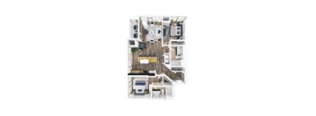 A top-down view of a small apartment with a kitchen, living room, and bathroom.