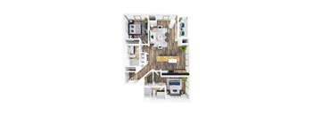 A top-down view of a small apartment with a kitchen, living room, and bedroom.