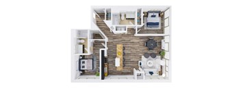 A top-down view of a modern apartment layout with a living room, kitchen, and bedrooms.