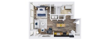 A modern, white-themed room with a bed, shelves, and a kitchenette.