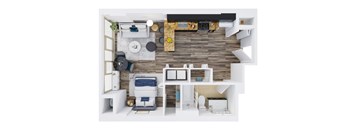 A top-down view of a small, modern apartment with a kitchen, living room, and bathroom.