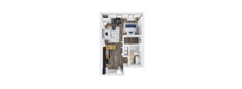 A top-down view of a small, neatly organized kitchen and living area.