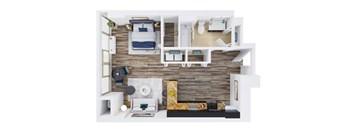 A top-down view of a bedroom with a bed, nightstand, and a desk with a chair.