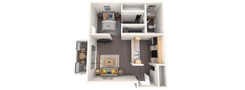 A top-down view of a small, neatly organized apartment with a bed, desk, and kitchenette.
