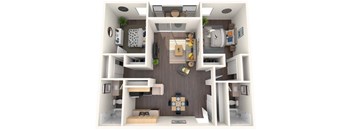 A top-down view of a small, well-organized apartment with a kitchen, living room, and bathroom.